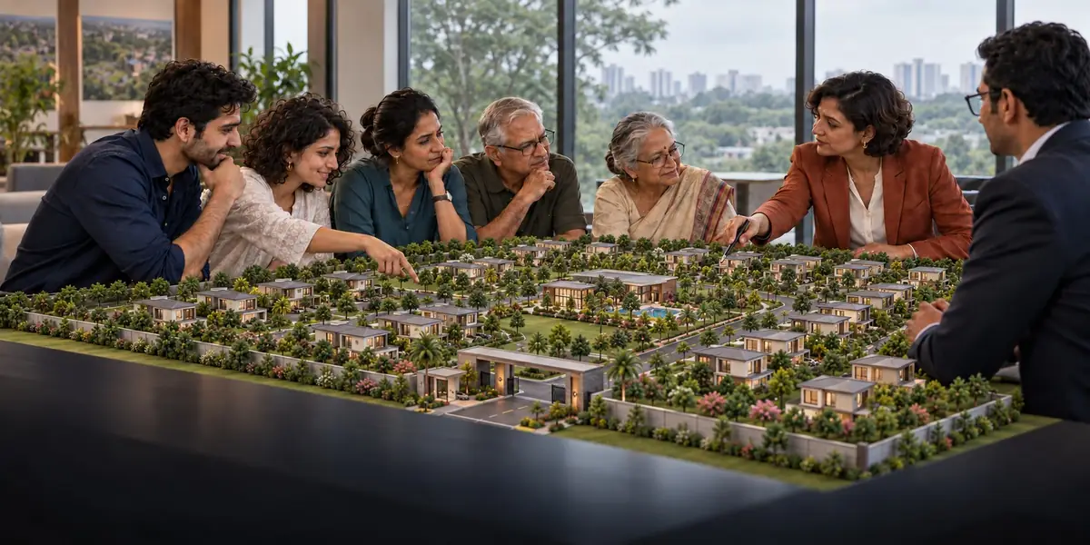 Home buyers reviewing a villa community model with a Homz N Space property advisor